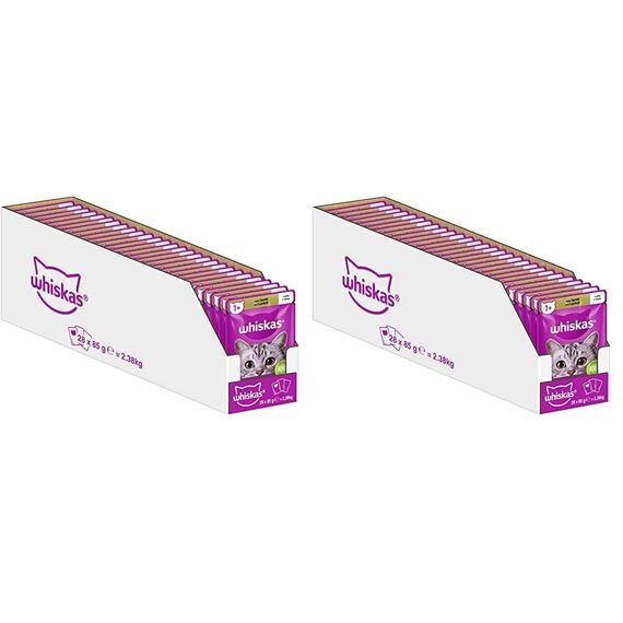 Whiskas 1+ Katzenfutter Lamm in Gelee, 28x85g (1 Packung) – Hochwertiges Nassfutter für ausgewachsene Katzen in 28 Portionsbeuteln (Packung mit 2)