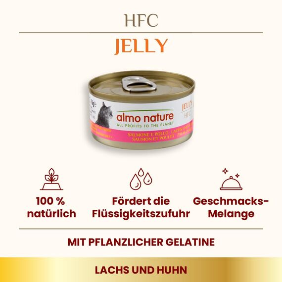 Almo Nature HFC Jelly - Nassfutter für ausgewachsene Katzen - Lachs & Huhn - Human Grade, Glutenfrei - 6 x 70g