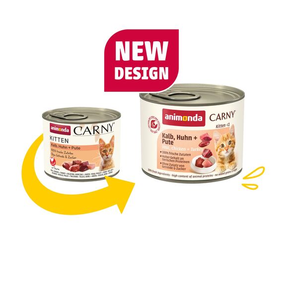 animonda Carny Katzen Nassfutter Kitten Kalb + Huhn + Pute (12 x 200g), Kitten getreidefreies Katzennassfutter ohne Zucker für wachsende Kätzchen bis 1 Jahr, mit frischen Zutaten