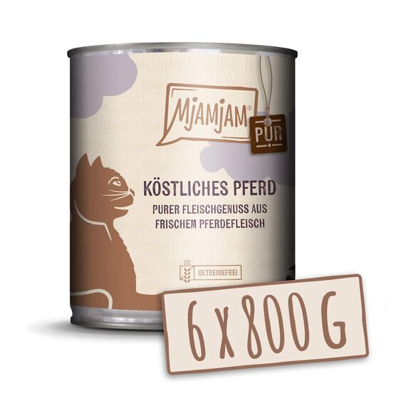 MjAMjAM - Premium Nassfutter für Katzen - purer Fleischgenuss - köstliches Pferd pur, 6er Pack (6 x 800 g), getreidefrei mit extra viel Fleisch