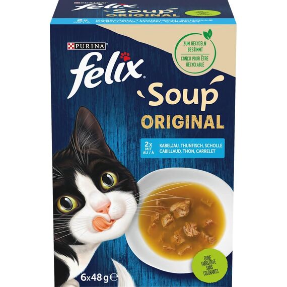 Felix Katzennassfutter Soup Geschmacksvielfalt aus dem Wasser mit Kabeljau, Thunfisch, Scholle, 8er Pack (8 x 6 Beutel à 48g)