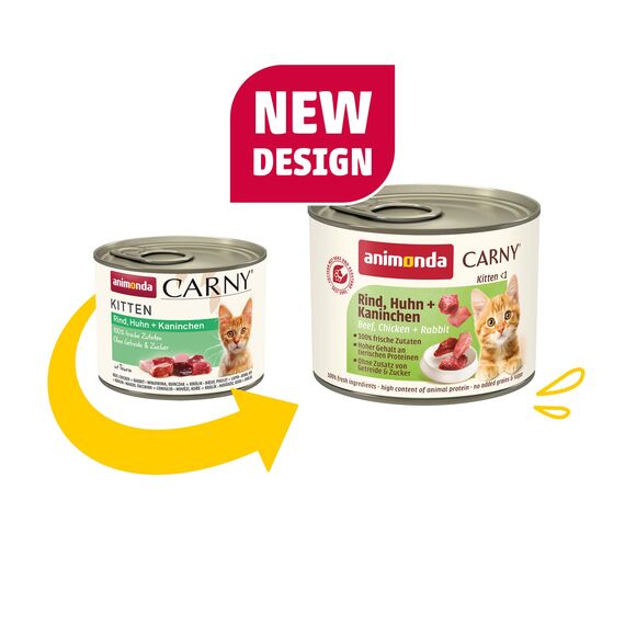animonda Carny Katzen Nassfutter Kitten Rind + Huhn + Kaninchen (12 x 200g), Kitten getreidefreies Katzennassfutter ohne Zucker für wachsende Kätzchen bis 1 Jahr, mit frischen Zutaten
