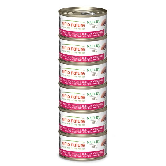 Almo Nature HFC Natural - Nassfutter für ausgewachsene Katzen - Huhn & Leber - Human Grade, Glutenfrei - 6 x 70g