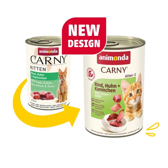 animonda Carny Katzen Nassfutter Kitten Rind + Huhn + Kaninchen (12 x 400g), Kitten getreidefreies Katzennassfutter ohne Zucker für wachsende Kätzchen bis 1 Jahr, mit frischen Zutaten