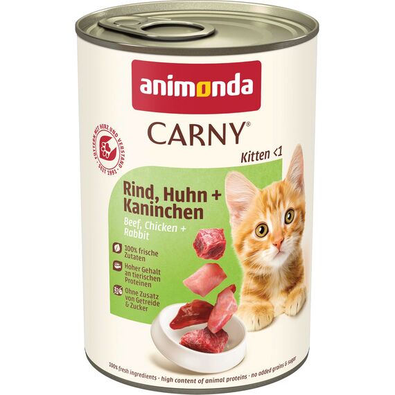 animonda Carny Katzen Nassfutter Kitten Rind + Huhn + Kaninchen (12 x 400g), Kitten getreidefreies Katzennassfutter ohne Zucker für wachsende Kätzchen bis 1 Jahr, mit frischen Zutaten