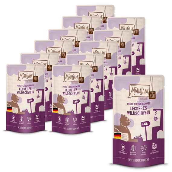 MjAMjAM - Premium Nassfutter für Katzen - Quetschie Purer Fleischgenuss - leckeres Wildschwein pur, 12er Pack (12x125g), getreidefrei