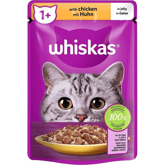 Whiskas 1+ Katzenfutter Hühnchen in Gelee, 28x85g (1 Packung) – Hochwertiges Nassfutter für ausgewachsene Katzen in 28 Portionsbeuteln (Packung mit 2)