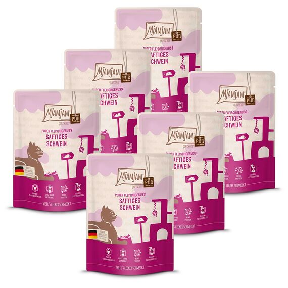 MjAMjAM - Premium Nassfutter für Katzen - Quetschie - saftiges Schwein PUR, 6er Pack (6 x 300g), getreidefrei mit extra viel Fleisch
