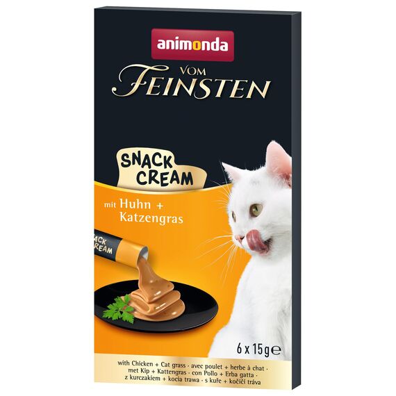 animonda vom Feinsten Katzen Snack Cream (6 x 15g), Köstlicher Katzensnack mit zartem Huhn und nahrhaftem Katzengras in praktischen Frischebeuteln