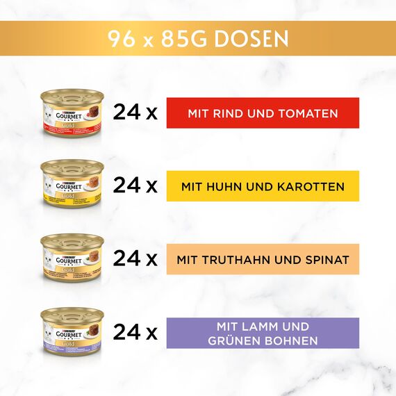 Gourmet Gold Raffiniertes Ragout Katzenfutter nass, Sorten-Mix, 12er Pack (12 x 8 Dosen à 85g)