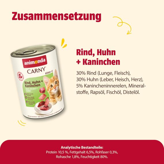 animonda Carny Katzen Nassfutter Kitten Rind + Huhn + Kaninchen (12 x 400g), Kitten getreidefreies Katzennassfutter ohne Zucker für wachsende Kätzchen bis 1 Jahr, mit frischen Zutaten