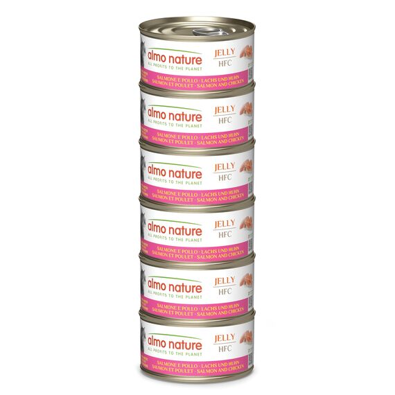 Almo Nature HFC Jelly - Nassfutter für ausgewachsene Katzen - Lachs & Huhn - Human Grade, Glutenfrei - 6 x 70g
