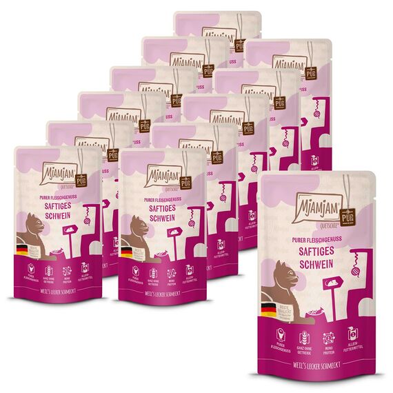 MjAMjAM - Premium Nassfutter für Katzen - Quetschie - saftiges Schwein PUR, 12er Pack (12 x 125g), getreidefrei mit extra viel Fleisch