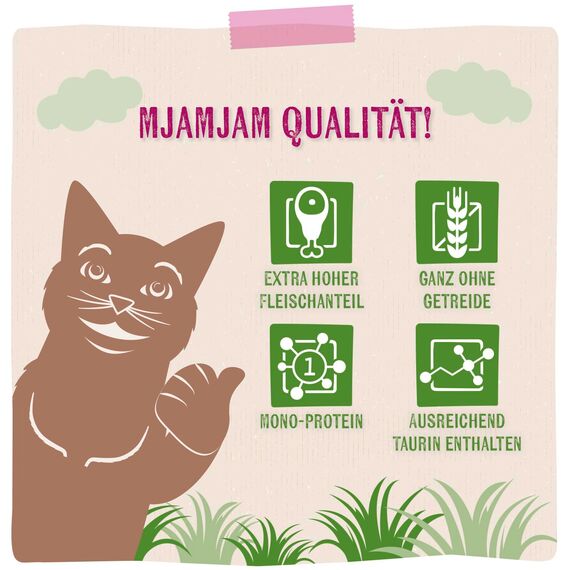 MjAMjAM - Premium Nassfutter für Katzen - Quetschie - saftiges Schwein PUR, 12er Pack (12 x 125g), getreidefrei mit extra viel Fleisch