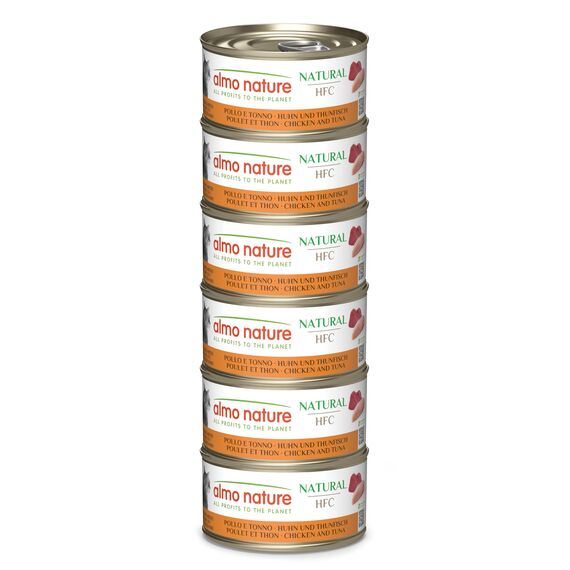 Almo Nature HFC Natural - Nassfutter für ausgewachsene Katzen - Huhn & Thunfisch - Human Grade, Glutenfrei - 6 x 70g