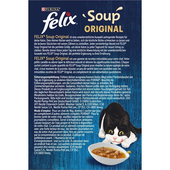Felix Katzennassfutter Soup Geschmacksvielfalt aus dem Wasser mit Kabeljau, Thunfisch, Scholle, 8er Pack (8 x 6 Beutel à 48g)