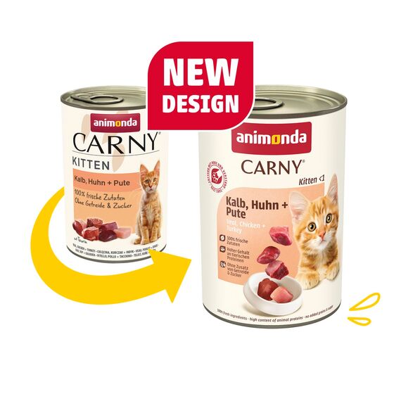 animonda Carny Katzen Nassfutter Kitten Huhn + Pute (12 x 400g), Kitten getreidefreies Katzennassfutter ohne Zucker für wachsende Kätzchen bis 1 Jahr, mit frischen Zutaten