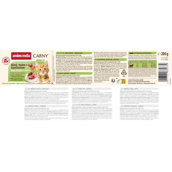 animonda Carny Katzen Nassfutter Kitten Rind + Huhn + Kaninchen (12 x 200g), Kitten getreidefreies Katzennassfutter ohne Zucker für wachsende Kätzchen bis 1 Jahr, mit frischen Zutaten