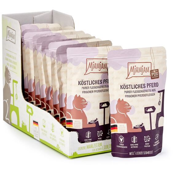 MjAMjAM - Premium Nassfutter für Katzen - Quetschie - purer Fleischgenuss - zartes Pferd pur, 12er Pack (12 x 125 g), getreidefrei mit extra Fleisch