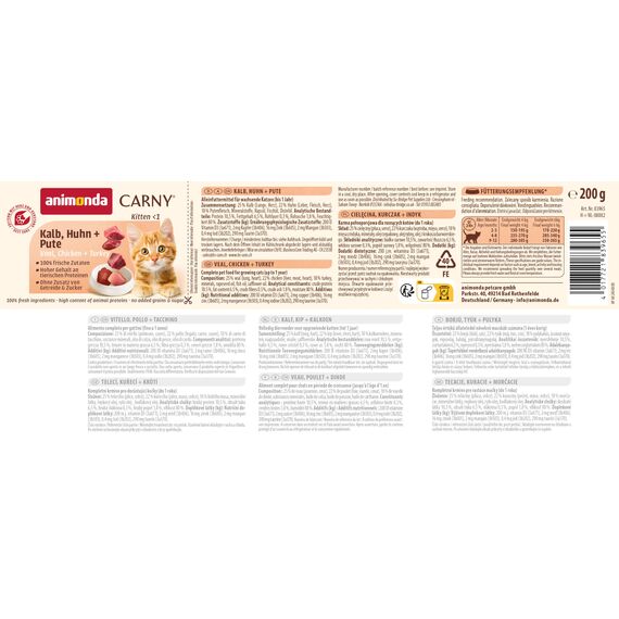 animonda Carny Katzen Nassfutter Kitten Kalb + Huhn + Pute (12 x 200g), Kitten getreidefreies Katzennassfutter ohne Zucker für wachsende Kätzchen bis 1 Jahr, mit frischen Zutaten