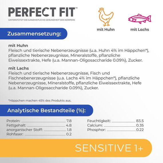 Sensitive 1+ Katzennassfutter mit Lachs & Huhn in Sauce – Katzenfutter Nassfutter13 x 4 Portionsbeutel à 85g