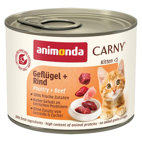 animonda Carny Katzen Nassfutter Kitten Geflügel + Rind (12 x 200g), Kitten getreidefreies Katzennassfutter ohne Zucker für wachsende Kätzchen bis 1 Jahr, mit frischen Zutaten