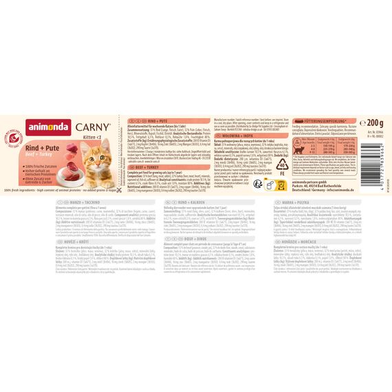 animonda Carny Katzen Nassfutter Kitten Rind + Pute (12 x 200g), Kitten getreidefreies Katzennassfutter ohne Zucker für wachsende Kätzchen bis 1 Jahr, mit frischen Zutaten