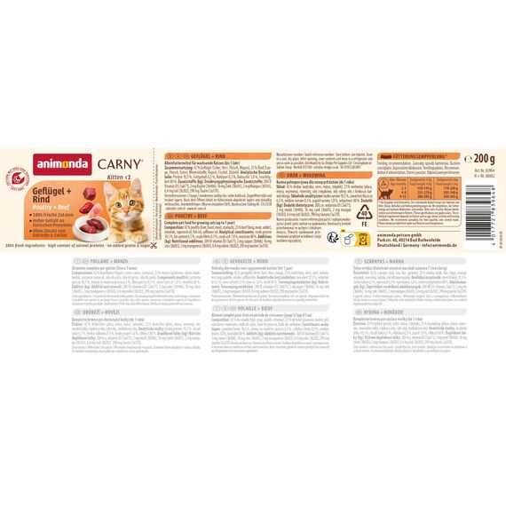 animonda Carny Katzen Nassfutter Kitten Geflügel + Rind (12 x 200g), Kitten getreidefreies Katzennassfutter ohne Zucker für wachsende Kätzchen bis 1 Jahr, mit frischen Zutaten