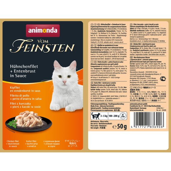 animonda vom Feinsten Katzenfutter nass mit Hühnchenfilet + Entenbrust (18 x 50g), getreidefreies Katzenfutter nass ohne Zucker, mit frischen, fleischigen Zutaten