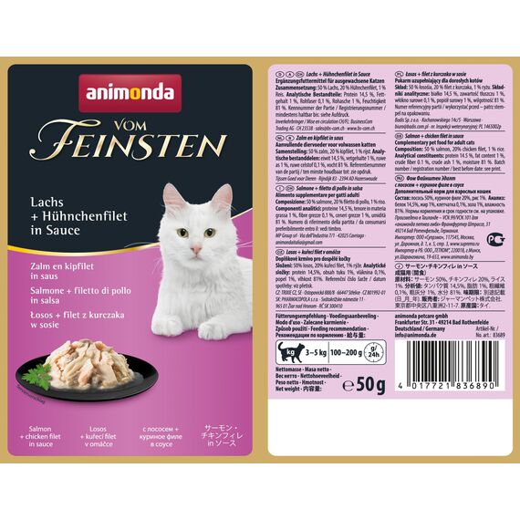 animonda vom Feinsten Katzenfutter nass mit Lachs + Hühnchenfilet in Sauce (18 x 50g), getreidefreies Katzenfutter nass ohne Zucker, mit frischen, fleischigen Zutaten