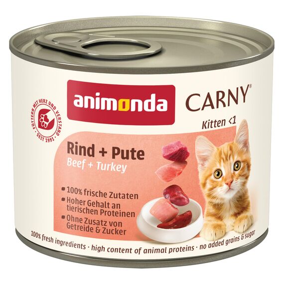 animonda Carny Katzen Nassfutter Kitten Rind + Pute (12 x 200g), Kitten getreidefreies Katzennassfutter ohne Zucker für wachsende Kätzchen bis 1 Jahr, mit frischen Zutaten