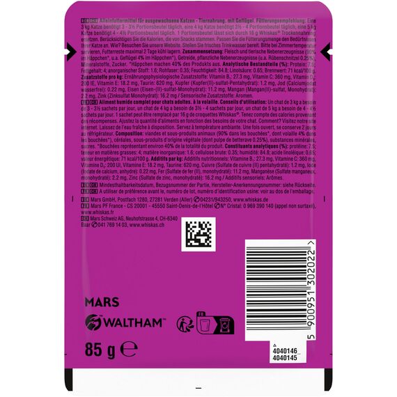 WHISKAS Nassfutter in Sauce für ausgewachsene Katzen 28 x 85g mit Geflügel