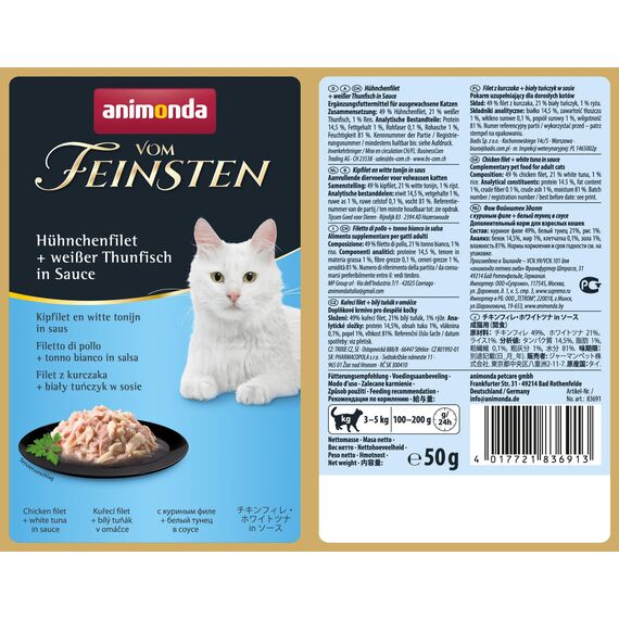 animonda vom Feinsten Katzenfutter nass mit Hühnchenfilet + weißem Thunfisch (18 x 50g), getreidefreies Katzenfutter nass ohne Zucker, mit frischen, fleischigen Zutaten