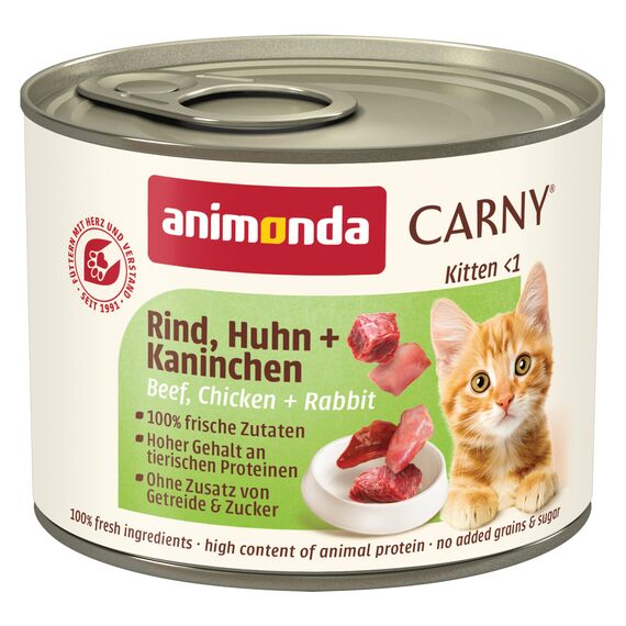 animonda Carny Katzen Nassfutter Kitten Rind + Huhn + Kaninchen (12 x 200g), Kitten getreidefreies Katzennassfutter ohne Zucker für wachsende Kätzchen bis 1 Jahr, mit frischen Zutaten