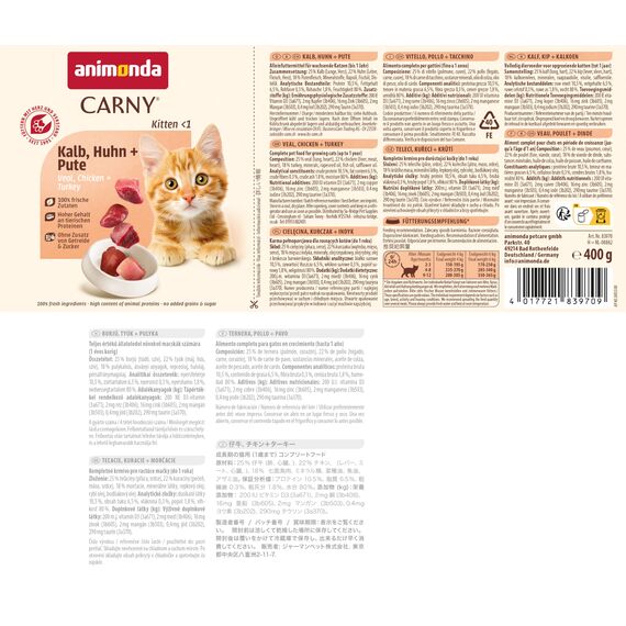 animonda Carny Katzen Nassfutter Kitten Huhn + Pute (12 x 400g), Kitten getreidefreies Katzennassfutter ohne Zucker für wachsende Kätzchen bis 1 Jahr, mit frischen Zutaten