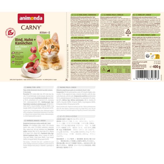 animonda Carny Katzen Nassfutter Kitten Rind + Huhn + Kaninchen (12 x 400g), Kitten getreidefreies Katzennassfutter ohne Zucker für wachsende Kätzchen bis 1 Jahr, mit frischen Zutaten
