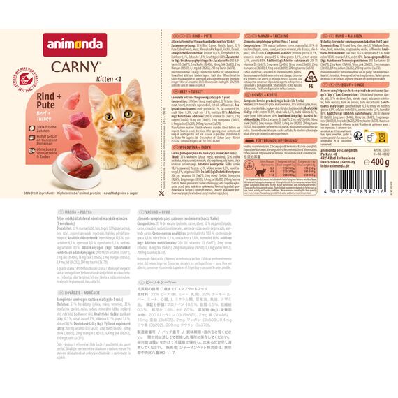 animonda Carny Katzen Nassfutter Kitten Rind + Pute (12 x 400g), Kitten getreidefreies Katzennassfutter ohne Zucker für wachsende Kätzchen bis 1 Jahr, mit frischen Zutaten