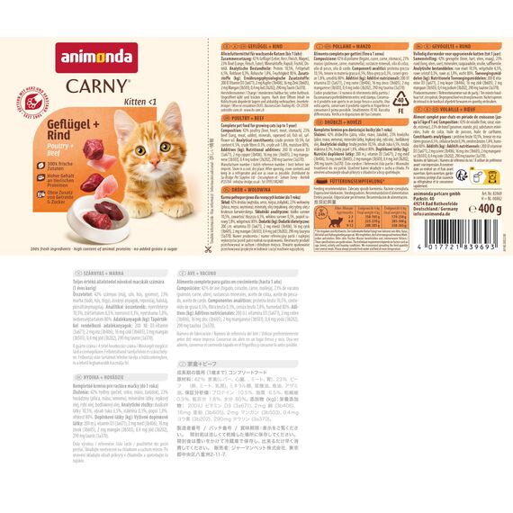 animonda Carny Katzen Nassfutter Kitten Geflügel + Rind (12 x 400g), Kitten getreidefreies Katzennassfutter ohne Zucker für wachsende Kätzchen bis 1 Jahr, mit frischen Zutaten