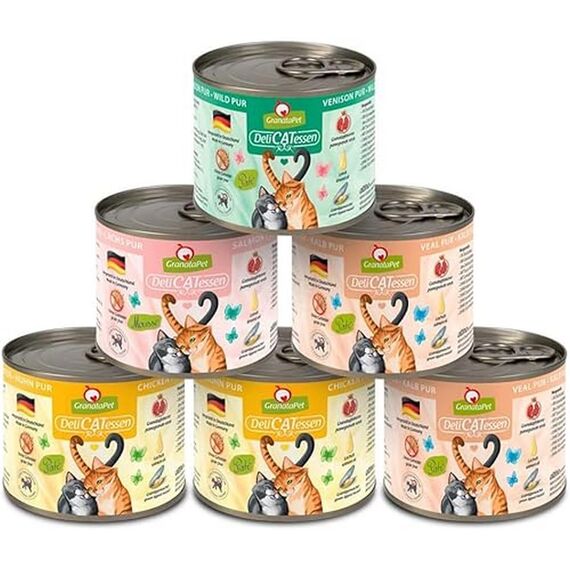 GranataPet DeliCatessen Multipack 2 PUR, Nassfutter für Katzen im Probierpaket, Alleinfuttermittel ohne Getreide, Katzenfutter mit hohem Fleischanteil & hochwertigen Ölen, 6 x 200 g