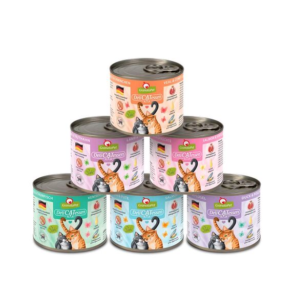 GranataPet DeliCatessen Multipack 1, Nassfutter für Katzen im Probierpaket, Alleinfuttermittel ohne Getreide, Katzenfutter mit hohem Fleischanteil & hochwertigen Ölen, 6 x 200 g