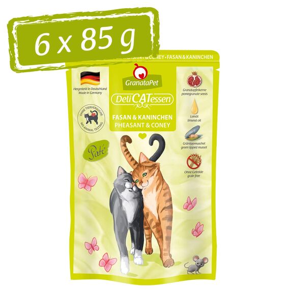 GranataPet DeliCatessen Fasan & Kaninchen, Nassfutter für Katzen, Katzenfutter für Feinschmecker, Futter ohne Getreide & ohne Zuckerzusätze, 6 x 85 g