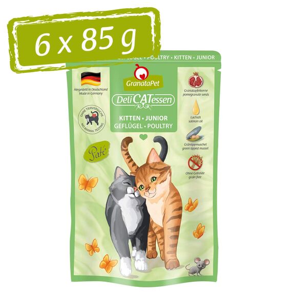 GranataPet DeliCatessen Kitten / Junior Geflügel, Nassfutter für Katzen, Katzenfutter für Feinschmecker, Futter ohne Getreide & ohne Zuckerzusätze, 6 x 85 g