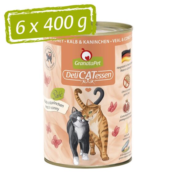 GranataPet DeliCatessen Kalb & Kaninchen, Nassfutter für Katzen, Katzenfutter für Feinschmecker, Futter ohne Getreide & ohne Zuckerzusätze, 6 x 400 g