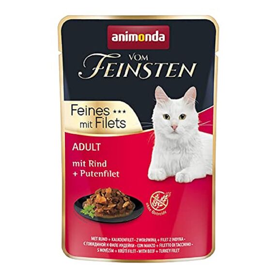animonda vom Feinsten mit Filets, Katzenfutter nass mit Rind + Putenfilet, 18 Portionsbeutel (18 x 85g), getreidefreies Katzen Nassfutter ohne Zucker, mit fleischigen Zutaten