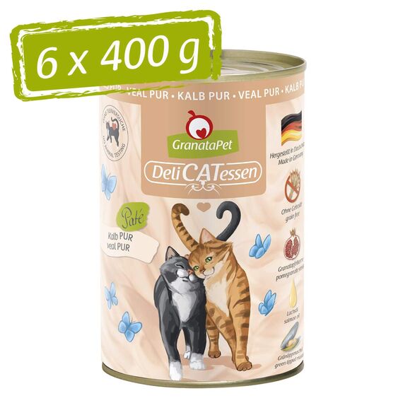 GranataPet DeliCatessen Kalb PUR, Nassfutter für Katzen, Futter ohne Getreide & ohne Zuckerzusätze, Katzenfutter mit hohem Fleischanteil & hochwertigen Ölen, 6 x 400 g