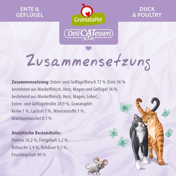 GranataPet DeliCatessen Ente & Geflügel, Nassfutter für Katzen, Katzenfutter für Feinschmecker, Futter ohne Getreide & ohne Zuckerzusätze, 6 x 400 g