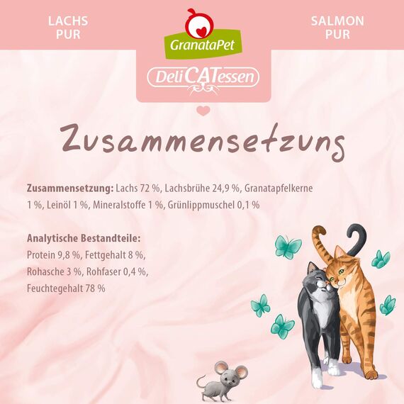 GranataPet DeliCatessen Lachs PUR, Nassfutter für Katzen, Futter ohne Getreide & ohne Zuckerzusätze, Katzenfutter mit hohem Fleischanteil & hochwertigen Ölen, 6 x 80 g