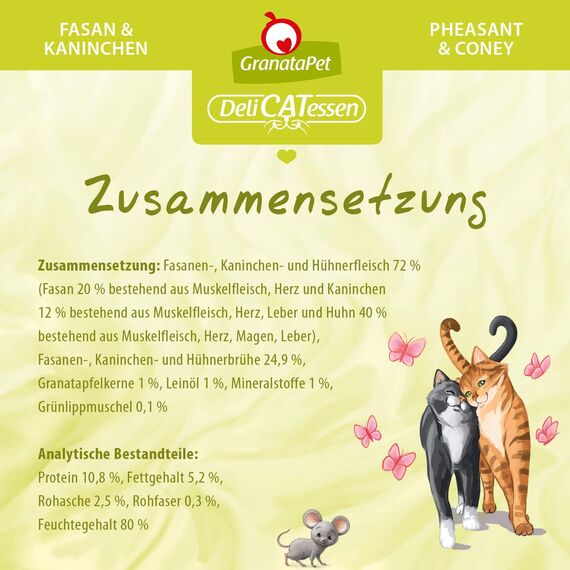 GranataPet DeliCatessen Fasan & Kaninchen, Nassfutter für Katzen, Katzenfutter für Feinschmecker, Futter ohne Getreide & ohne Zuckerzusätze, 6 x 800 g