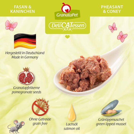 GranataPet DeliCatessen Fasan & Kaninchen, Nassfutter für Katzen, Katzenfutter für Feinschmecker, Futter ohne Getreide & ohne Zuckerzusätze, 6 x 800 g