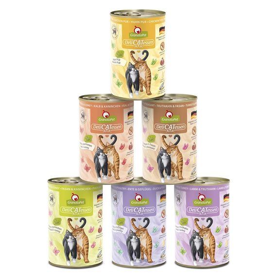 GranataPet DeliCatessen Multipack 3 ohne Fisch, Nassfutter für Katzen im Probierpaket, Alleinfuttermittel ohne Getreide, Katzenfutter mit hohem Fleischanteil & hochwertigen Ölen, 6 x 400 g